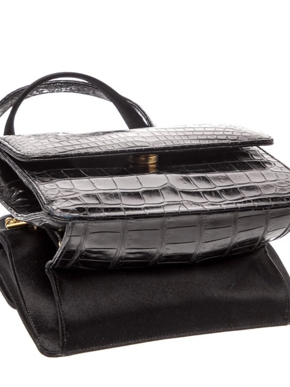 Judith Leiber Black Croc-Embossed Top-Handle Satchel with Gold Accent